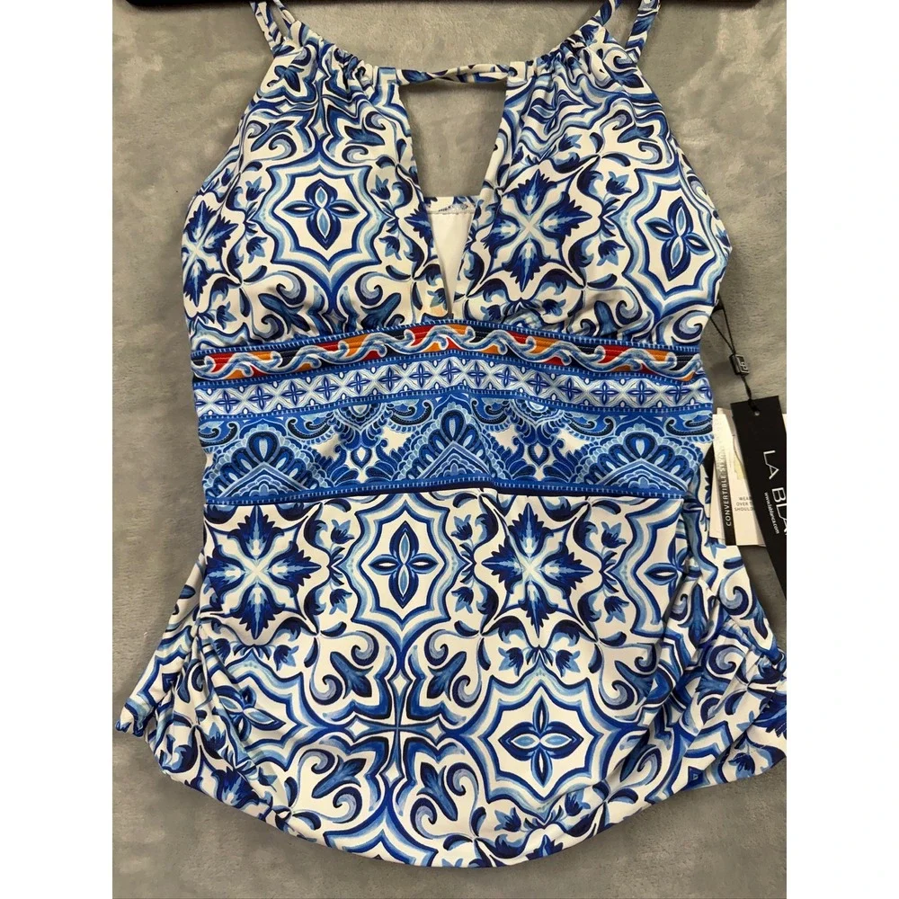 La Blanca Tankini Top Womens Blue White Tile Print Tummy Control 10 $111